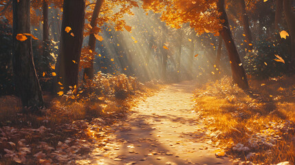 Autumn Path Golden Leaves Forest Sunlight