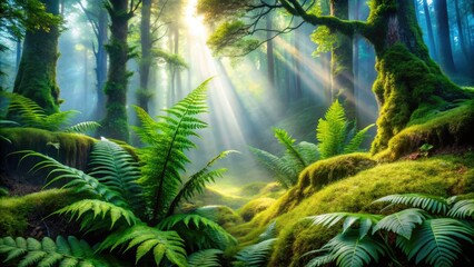 Naklejka premium Mystical Fern & Moss Forest Double Exposure - Ethereal Nature Photography