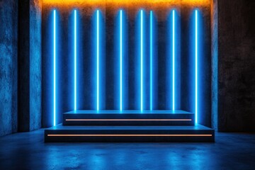 Futuristic stage with neon lighting and textured walls