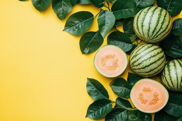 Fresh melons and green leaves on vibrant yellow background