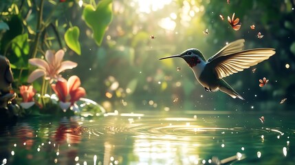 Hummingbird's Serene Flight: A Digital Painting of Nature's Beauty