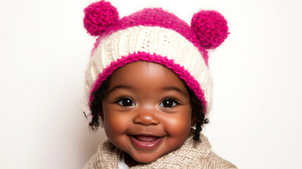 Happy Baby Smiling in White and Pink Bobble Hat.