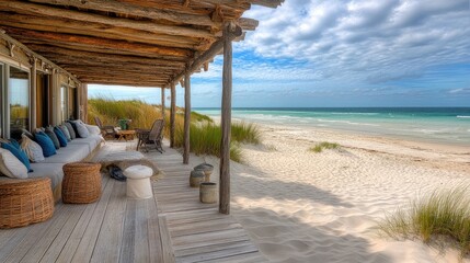 Fototapeta premium Serene beachfront terrace with ocean view and natural decor