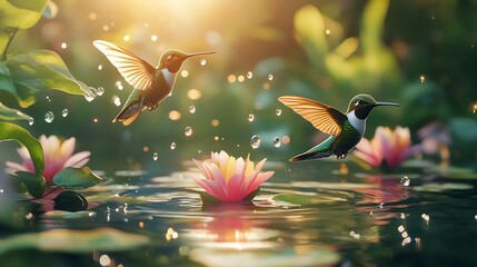 Hummingbirds over Lotus Pond: A Serene Summer Scene