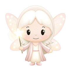A cute fairy character with white wings, wearing a pink dress, holding a magic wand that sparkles.