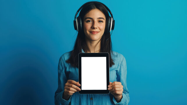 A young woman wearing headphones with a microphone is holding a tablet with a white screen on a blue background. Tablet mockup. The remote employee is on the phone