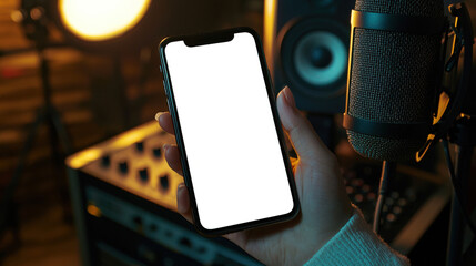 A mockup of a phone in a woman's hand in a dark recording studio. World Radio Day. A man holding a white-screen phone in front of a microphone. Become a radio host. Mobile App