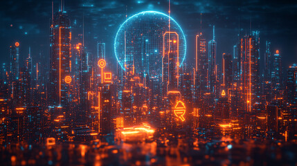 Obraz premium A virtual city shielded by a dome representing the NIS2 Directive and Cyber Resilience Act. This dome ensures the safety and security of the city