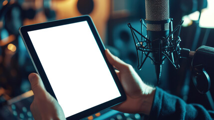 A radio host is recording a podcast in a recording studio. Radio day. A mockup of a tablet in the hands of a white man. A man is holding a tablet with a white screen
