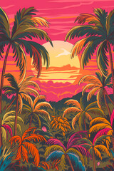 Vivid tropical palm trees on the beach. Picture postcard. Poster. Marketing. Social media.
