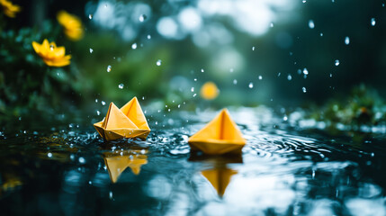 Monsoon Scene with Two Paper Boats in Water Puddle.