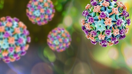 Highly Detailed and Realistic Close-Up of Norovirus Particles Under Microscope, Emphasizing Structural Complexity and Texture