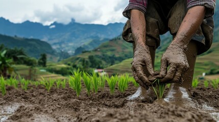 close up of farmer's hands and feet dirty from mud in the rice field.
