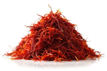 Naklejka premium Saffron Silhouette Photography: Dried Red Saffron Pile Isolated on White Background