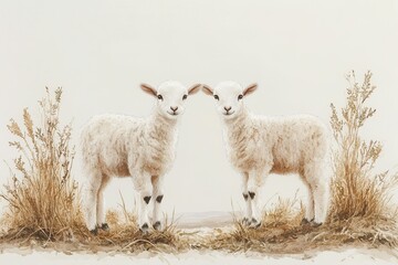 Fototapeta premium Two adorable lambs stand amidst soft grass, evoking a serene, pastoral scene.