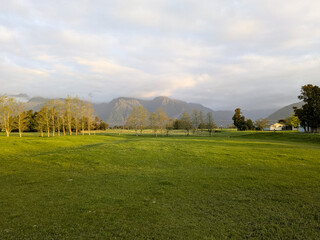 Panorama of a dairy farm with the peaks of the Southern Alps near Franz Joseph New Zealand in...