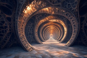 Intricate Arched Tunnel Leading to a Distant Light