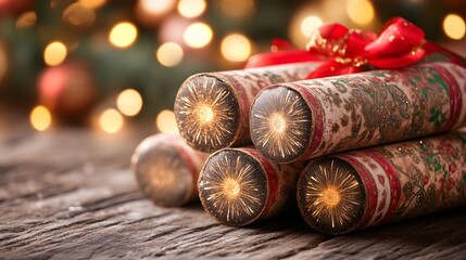 Festive Christmas crackers stacked on wooden table with bokeh lights.