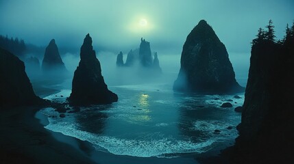 Mystical sea stacks shrouded in fog at twilight, reflecting moonlight on calm ocean waters.
