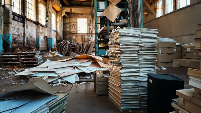 Cluttered Industrial Warehouse Stacks of Paper, Cardboard, and Debris Create Disorganized Atmosphere with Light Filtering Through Windows
