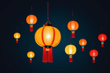 there are many red and yellow lanterns hanging from the ceiling