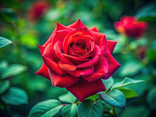 Tilt-Shift Red Rose Macro Photography, Miniature Flower, Closeup Bloom,  Garden Rose, Red Rose with Green Leaves, Botanical Photography, Nature Photography