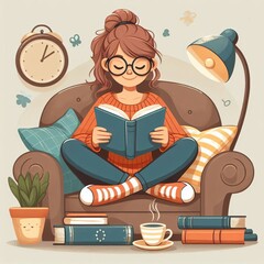 Bookworm A young adult with glasses reading a book and sitting c
