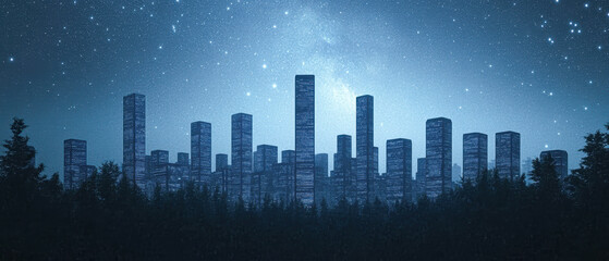 A city skyline is lit up at night with a starry sky in the background