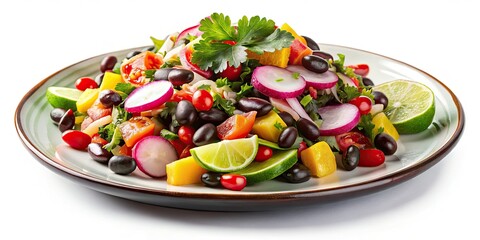 Vibrant Mexican Vegetable Salad Double Exposure Photography: Black Beans, Radish, White Background
