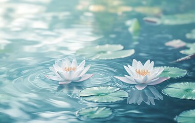 Water lily flowers and lotus leaves on the water