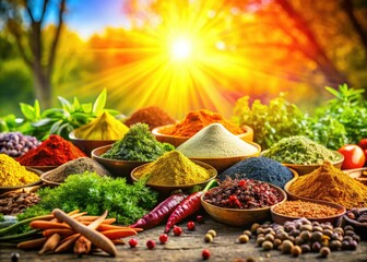 Vibrant Spice Landscape Photography: Aromatic Herbs & Spices Field, Colorful Seasoning Panorama