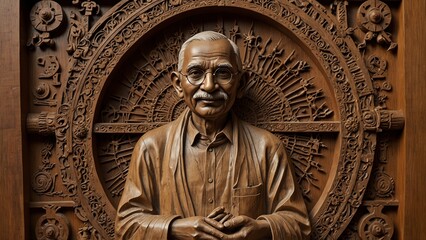 Naklejka premium A bold wooden carving of Mahatma Gandhi, shown spinning thread, surrounded by carved wheels and symbols of Indian independence.