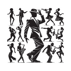 Jazz Dance Silhouette Vector Illustration, Solid White Background.