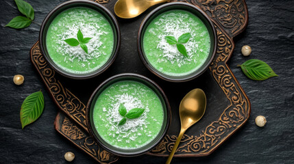 Creamy pandan dessert in ceramic bowls on rustic wooden plate with scattered cashew nuts creates elegant asian sweet delicacy presentation against dark backdrop