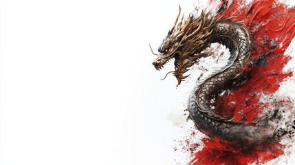 Dynamic oriental dragon illustration spiraling with red ink splash effect against white background, featuring mythical fantasy creature in traditional Asian style