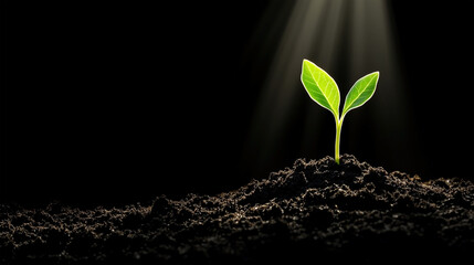 A small green plant is growing in the dirt