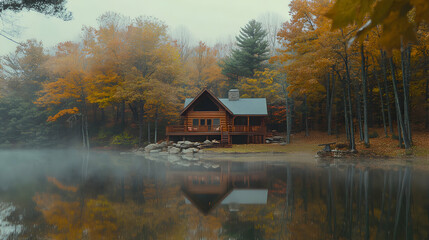 Obraz premium Autumn Log Cabin Beside Serene Misty Lake