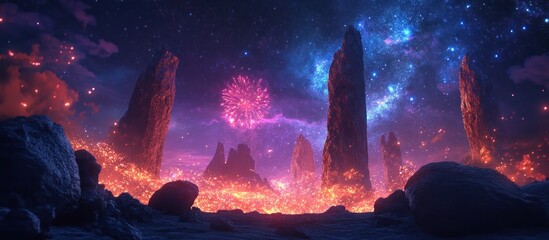 Fototapeta premium Fiery alien landscape with tall rock formations, vibrant nebula, and pink fireworks under a starry night sky.