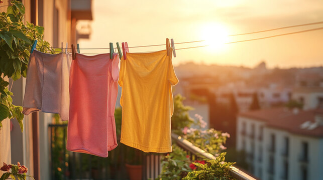 Clean washed fresh laundry clothes drying, hanging from clothesline on balcony or terrace during sunset. house or home outdoor, domestic hygiene, air, outside.