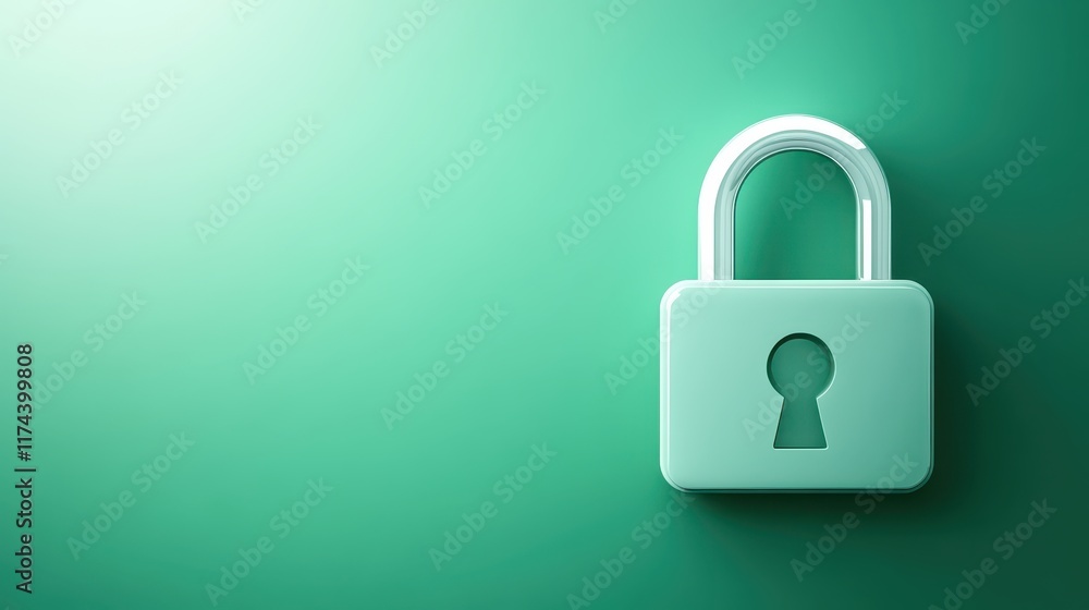 Poster enhanced security, white padlock on green background symbolizing data protection, privacy and encryp