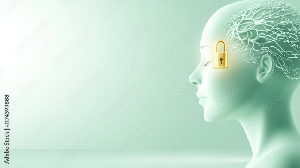 Poster conceptual image of a head with lock, exploring themes of security, privacy, mental blocks and hidde