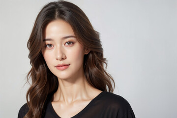 Fototapeta premium A woman with long brown hair and brown eyes is wearing a black shirt