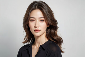 Obraz premium A woman with long brown hair and a black shirt