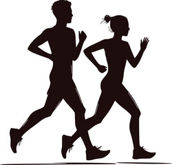 Running man and woman, isolated vector silhouettes. Run, side view. Silhouettes of athletic looking male and female runners running. EPS 10 file.