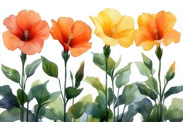 Fototapeta premium A vibrant watercolor illustration of hibiscus flowers in various colors.