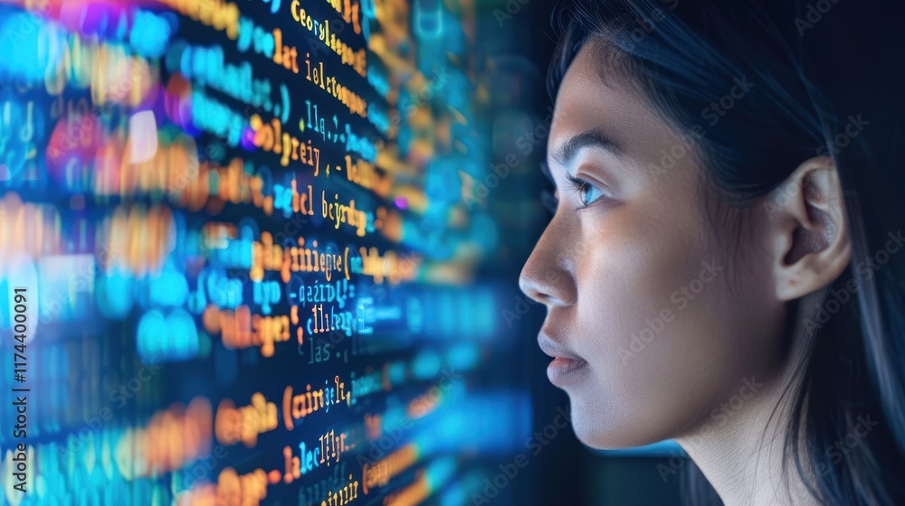 Aufkleber woman looking at graphic pattern with computer code in front of her