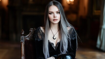 Portrait of a woman in black attire with long gray hair seated elegantly in an ornate chair in a grand, dimly lit room