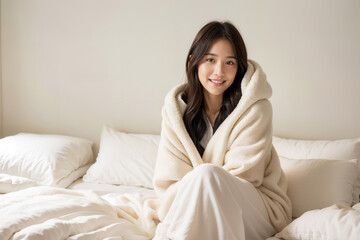 A woman is sitting on a bed with a white blanket wrapped around her