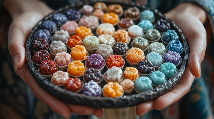 Thai dessert luk chup miniature fruit shaped marzipan sweet in ceramic bowl handcrafted colorful traditional thai sweets delicately shaped into tiny realistic fruit shapes served in rustic pottery