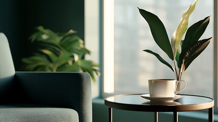 A cozy indoor scene featuring a plant on a side table beside a green sofa, illuminated by natural light through a large window.